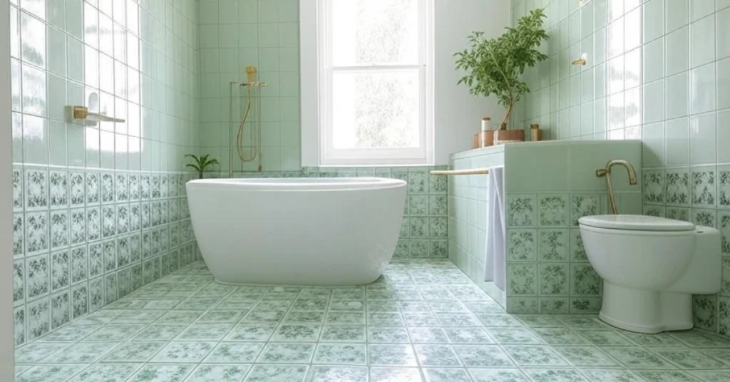 Sage Green and Patterned Tiles for Visual Interest