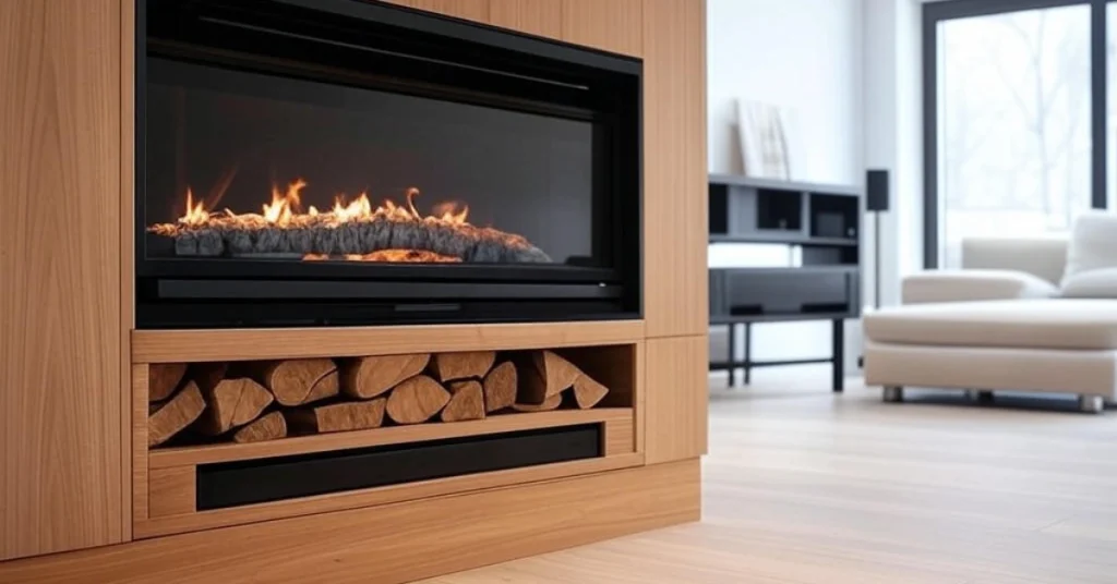 Wood-Clad Fireplace with Hidden Storage