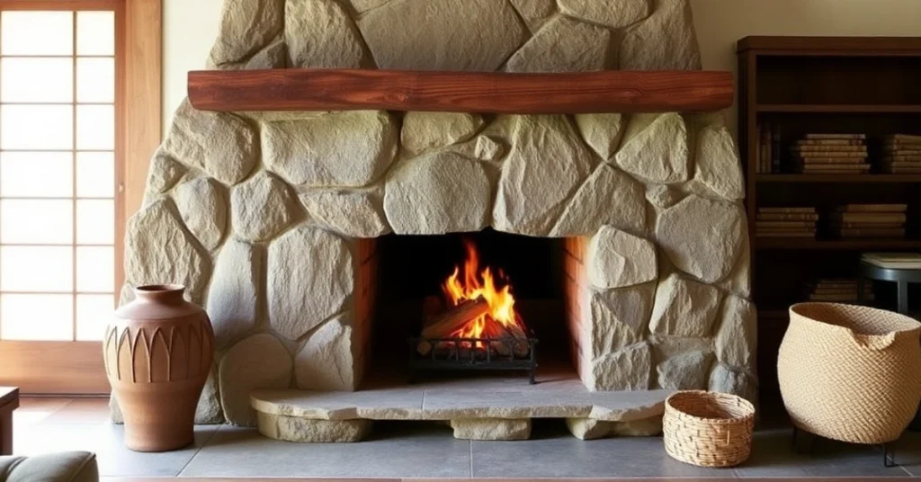 Asymmetrical Stone Fireplace