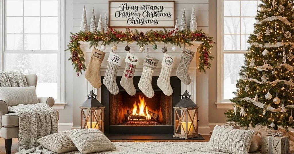 Fireplace Mantel Magic in a Farmhouse Christmas Living Room