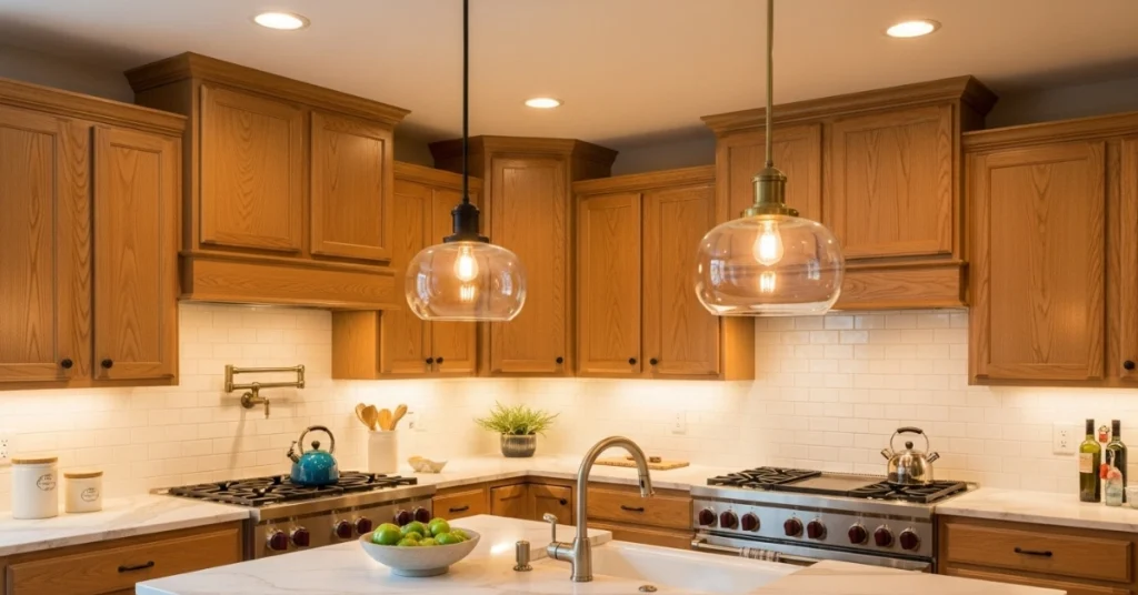 Lighting Ideas to Enhance Honey Oak Kitchen Cabinets