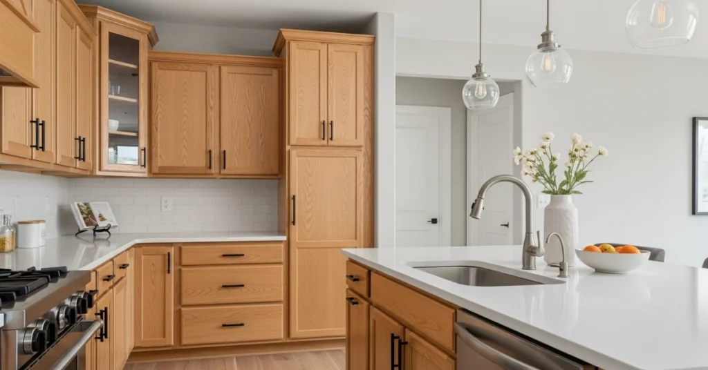 Modern Transitional Kitchen That Pair Beautifully with Honey Oak Cabinets