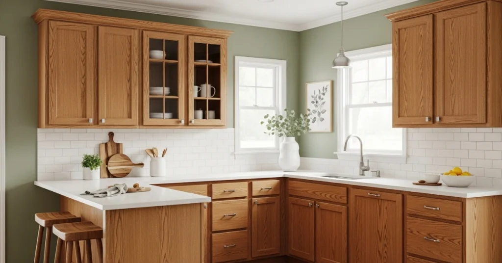 Sage Green Wall Colors for Honey Oak Kitchen Cabinets