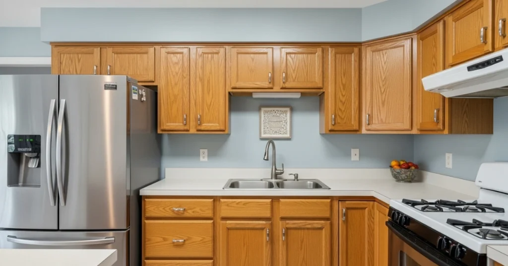 Light Blue or Blue-Gray Wall Colors for Honey Oak Kitchen Cabinets