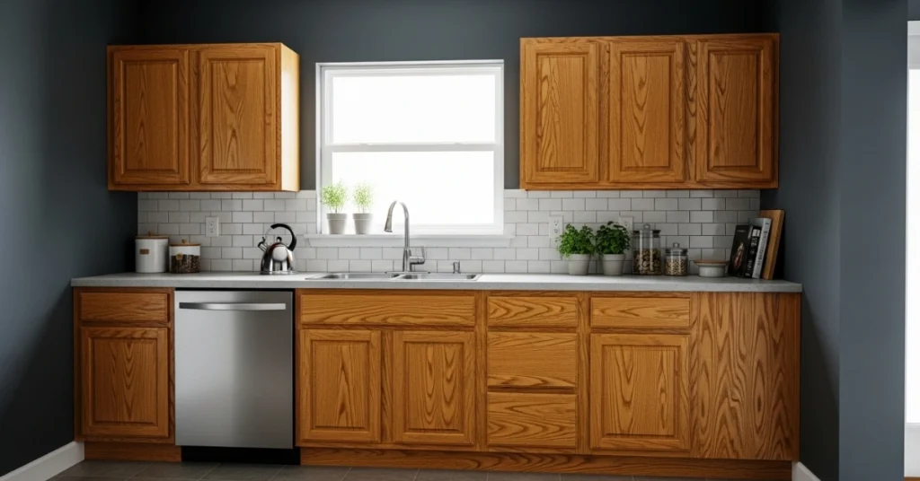 Charcoal or Deep Gray Wall Colors for Honey Oak Kitchen Cabinets
