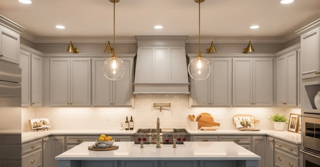 Lighting Layers to Make Light Gray Kitchen Cabinets Glow
