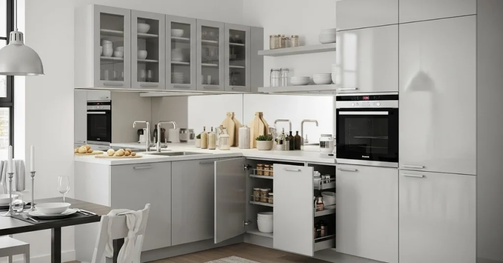Small Space Strategies for Light Gray Kitchen Cabinets