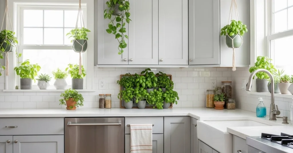 Bringing the Outdoors In: Greenery with Light Gray Kitchen Cabinets